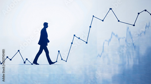 Silhouette of businessman walking alongside rising financial line graph and stock market chart representing business growth, investment success, and market performance
