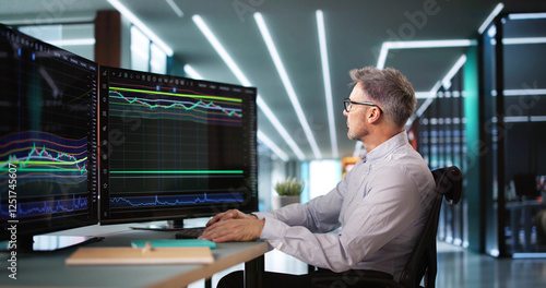 Stock Market Broker Looking At Graphs On Multiple Screens