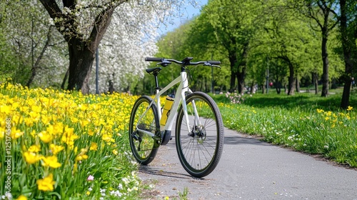 White e-bike parked on path, spring park, flowers