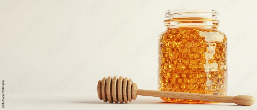Fresh honey in jar with wooden dipper, showcasing its golden color and texture Fresh honey in jar with wooden dipper, showcasing its golden color and texture