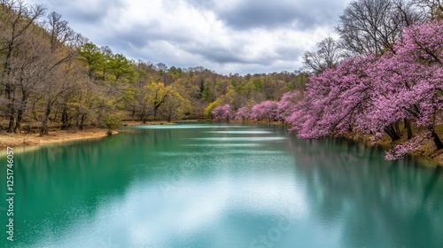 Springtime serenity cherry blossom trees reflected in tranquil lake nature photography scenic landscape peaceful environment photo