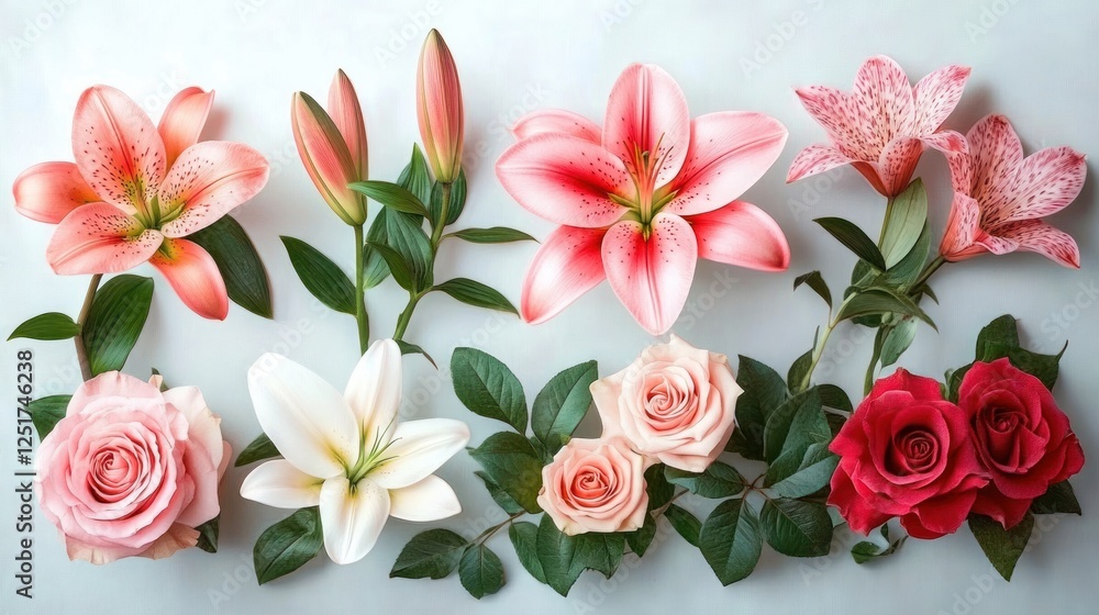 custom made wallpaper toronto digitalFlower Bouquet with Pink Lilies Red Roses Green Leaves Spring Floral Arrangement Isolated on White Background