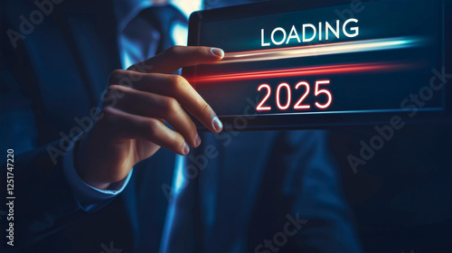  Businessman holding a modern device with a digital loading screen displaying 