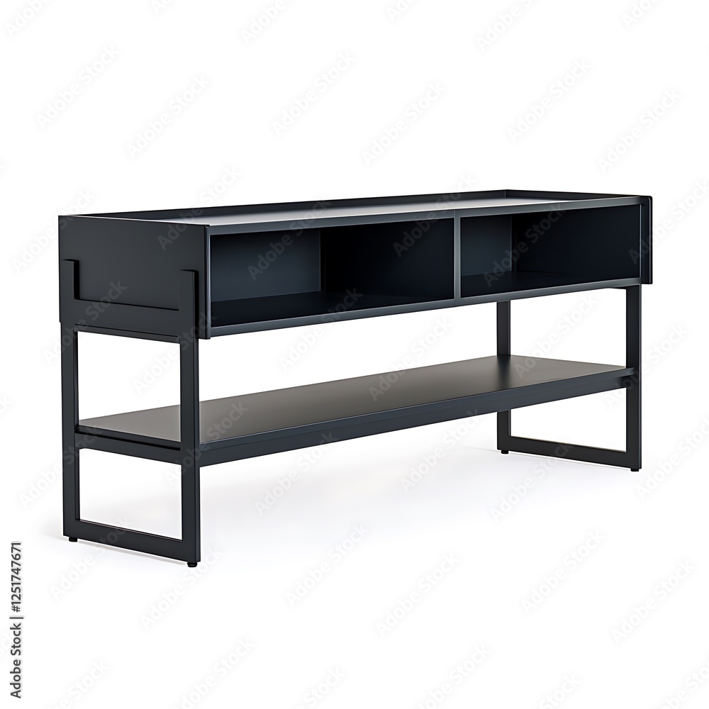 A black shelf with two shelves and a black cabinet A black shelf with two shelves and a black cabinet
