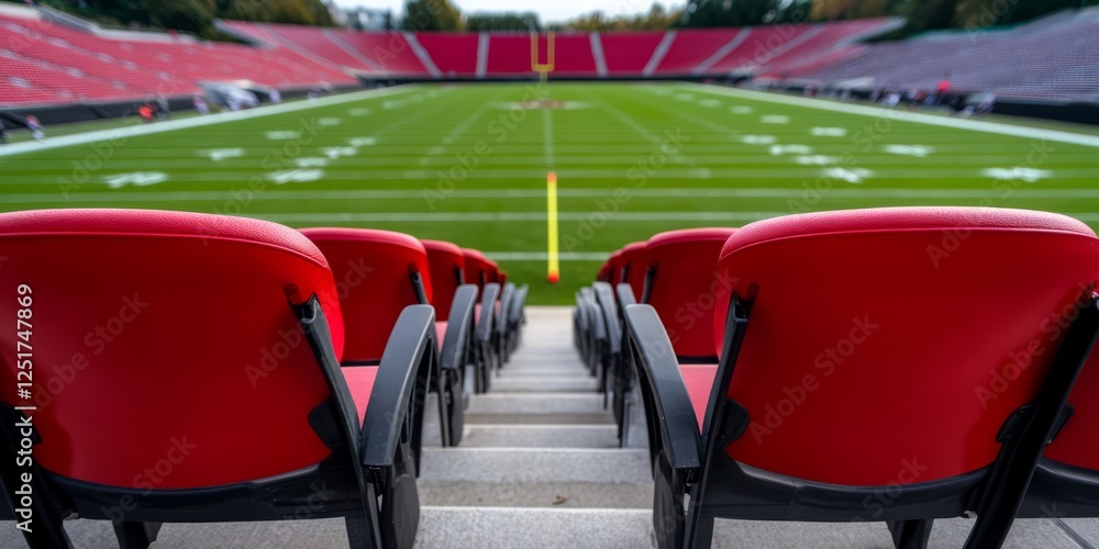 Fototapeta premium Empty Football Stadium With Red Seats Under Clear Sky in Daytime, Ideal for Sports or Event Concepts