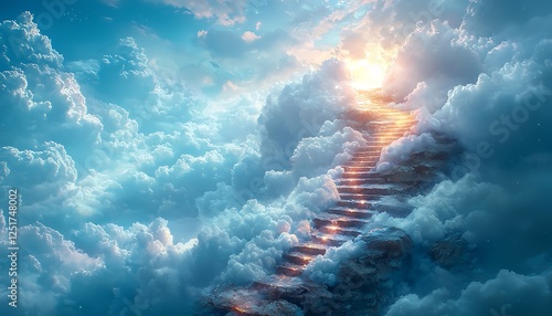 Bright stairway leading into soft white clouds with radiant sunlight breaking through