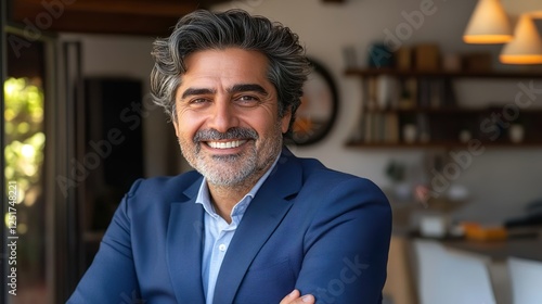 Successful Business Leader Smiling in Stylish Lounge With Modern Office Background