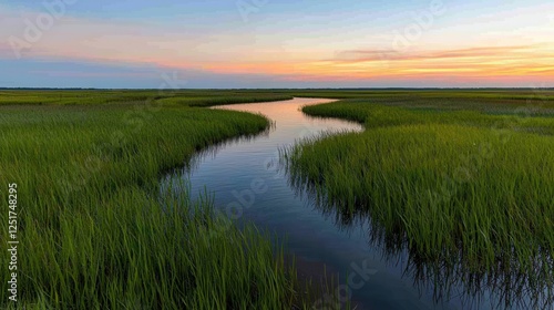 Fototapeta Naklejka Na Ścianę i Meble -  Serene sunset reflection over marshlands coastal region landscape photography natural environment wide angle view tranquility and beauty