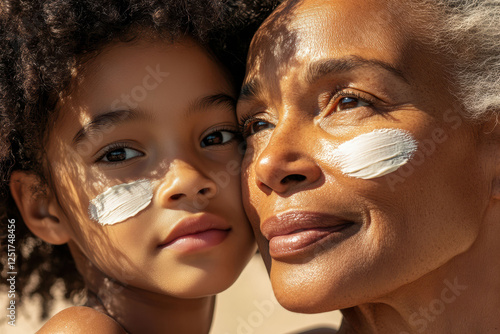 African American mother and child with sunscreen swatches, UV and UF protection, skincare and sun protection concept photo