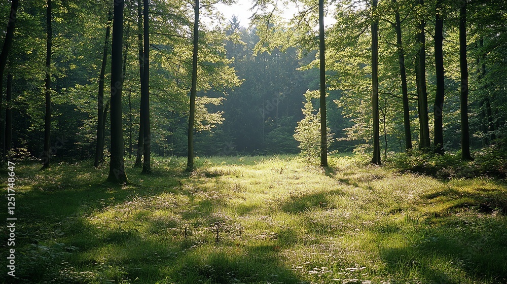 Fototapeta premium Sunlight filtering through trees in lush forest nature photography peaceful woodland vibrant green environment