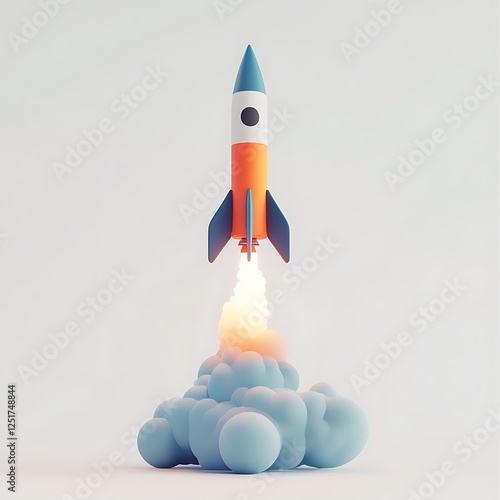 3D rendering of a vibrant cartoon rocket launching with a burst of smoke and fire symbolizing innovation and progress on a clean white background