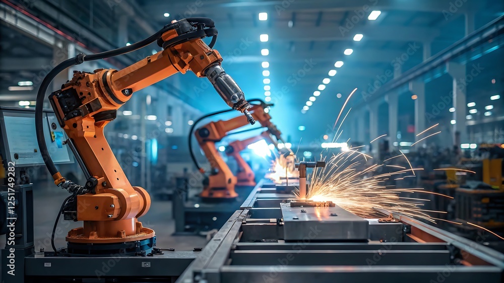 Advanced robotic arms welding a car frame in a high-tech automotive factory, showcasing precision engineering, automation, and futuristic manufacturing technology Advanced robotic arms welding a car frame in a high-tech automotive factory, showcasing precision engineering, automation, and futuristic manufacturing technology