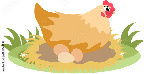 Farm Animals. Cute farm. The red hen sits in a nest with eggs. Collection of farm animals. Baby flat vector illustration. Isolated