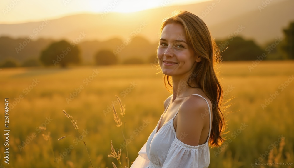 Caucasian woman in field at sunset, golden hour mood. Nature Caucasian woman in field at sunset, golden hour mood. Nature