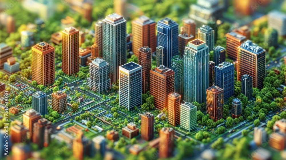Obraz premium Aerial view of vibrant city, green spaces, sunrise, urban planning, presentation