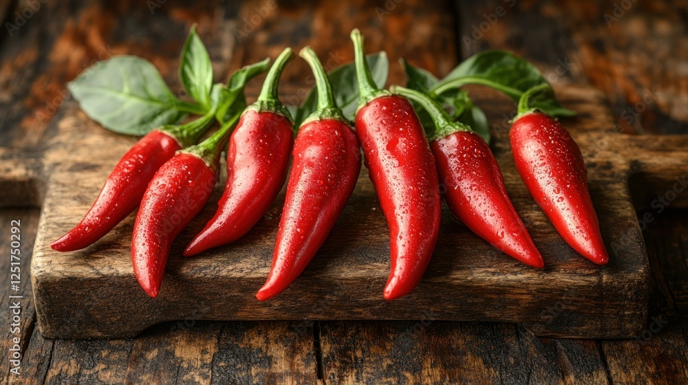 Red chili peppers on rustic wood cutting board Red chili peppers on rustic wood cutting board