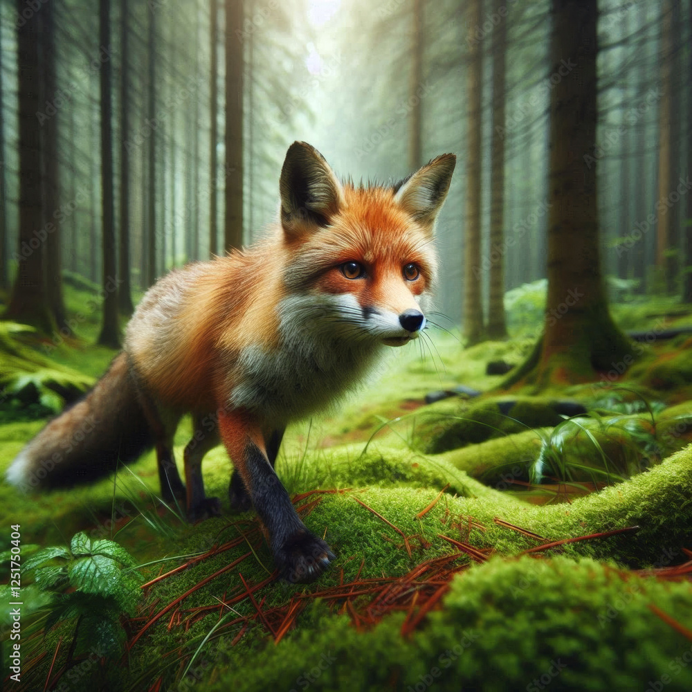 Naklejka premium a red fox walking in green forest