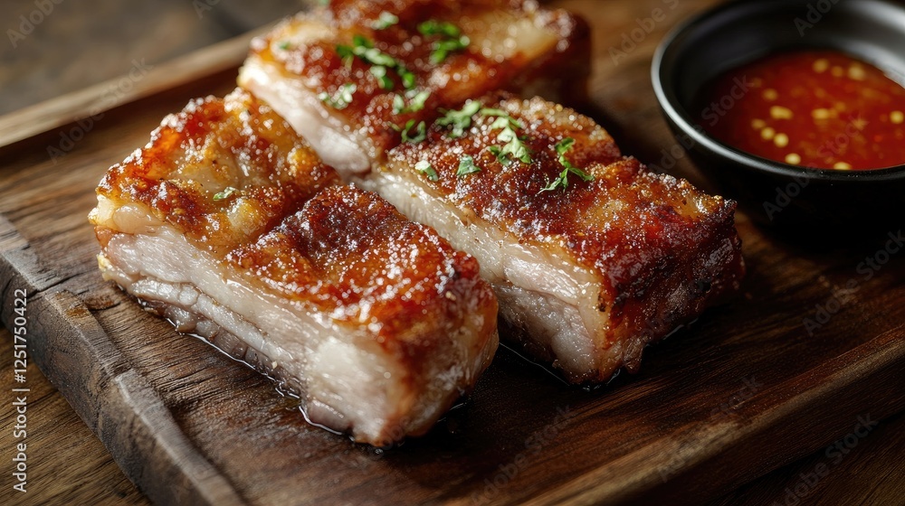 A close-up shot of beautifully crispy pork belly, showcasing the golden, crackling skin and succulent meat, served on a wooden board with a side of spicy dipping sauce for an enticing meal. A close-up shot of beautifully crispy pork belly, showcasing the golden, crackling skin and succulent meat, served on a wooden board with a side of spicy dipping sauce for an enticing meal.