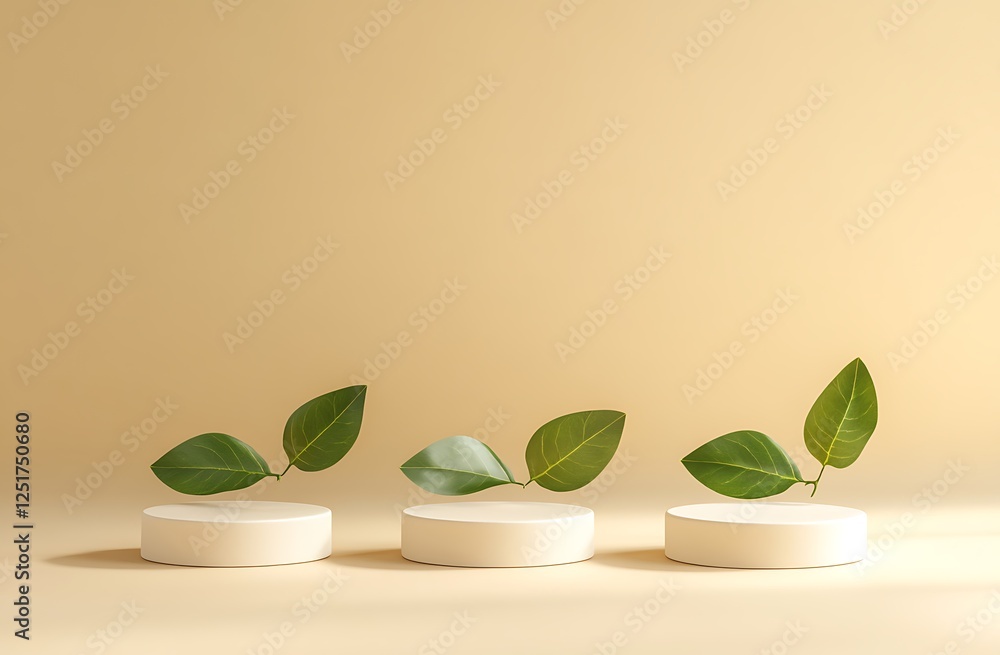 Minimalist product display with three small podiums and vibrant green leaves against a soft beige backdrop ideal for showcasing natural or organic items Minimalist product display with three small podiums and vibrant green leaves against a soft beige backdrop ideal for showcasing natural or organic items