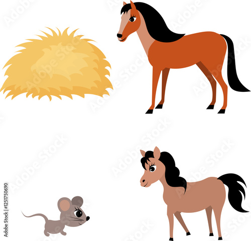 Farm Animals. Cute farm. Set horse, pony and mouse. Collection of farm animals. Baby flat vector illustration. Isolated