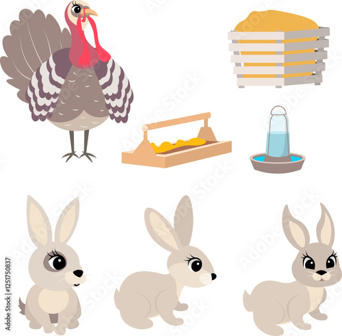 Farm Animals. Cute farm. Set of rabbits and turkey. Collection of farm animals. Baby flat vector illustration. Isolated