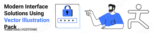 Padlock with password input, pointing man in blue shirt for guidance, minimalist user icon. Ideal for data security, interaction design, privacy, user guidance, access control, safety flat landing