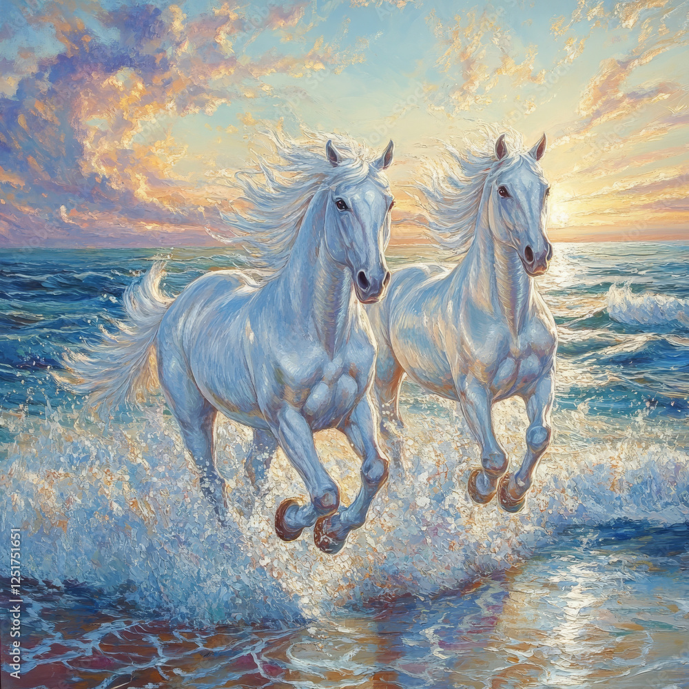 White horses with flowing manes gallop along the shimmering shoreline, their powerful forms contrasting against the vibrant sea. White horses with flowing manes gallop along the shimmering shoreline, their powerful forms contrasting against the vibrant sea.