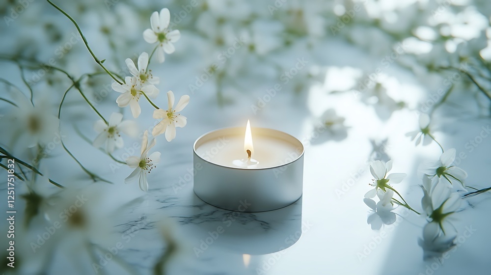 Lit Candle Surrounded by Delicate White Flowers Lit Candle Surrounded by Delicate White Flowers