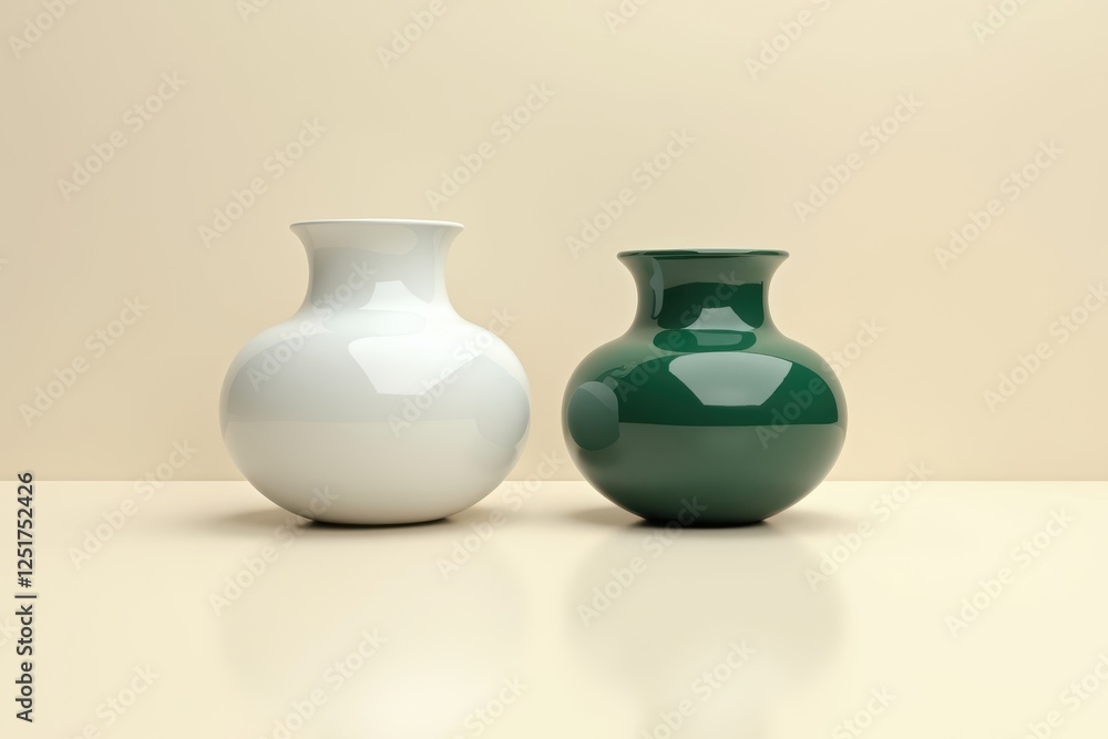 Two elegant ceramic vases in white and green colors placed on a smooth surface against a neutral background Two elegant ceramic vases in white and green colors placed on a smooth surface against a neutral background