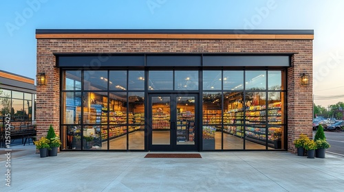 Brick storefront retail shop, evening, shopping center, open doors