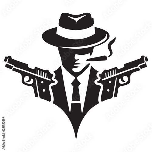 Silhouette gangster with gun vector illustration smoking mafia member character