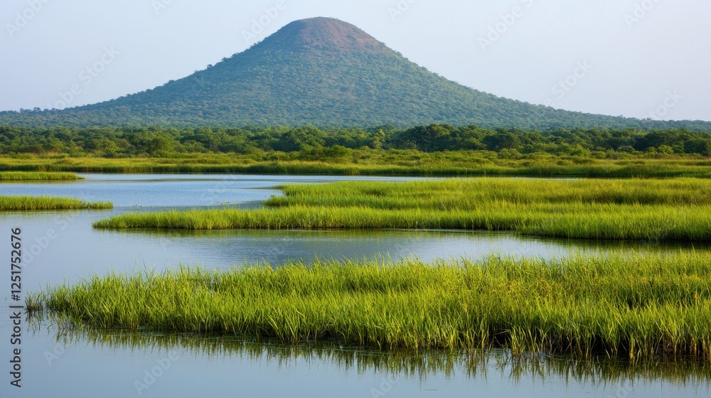 Serene landscape of lush green marshes and a majestic mountain wetland area nature photography tranquil environment wide angle viewpoint natural beauty Serene landscape of lush green marshes and a majestic mountain wetland area nature photography tranquil environment wide angle viewpoint natural beauty