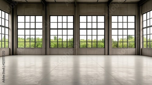 large, open space features tall windows allowing ample natural light to flood in. Outside, lush greenery creates a refreshing atmosphere, blending nature with contemporary architecture