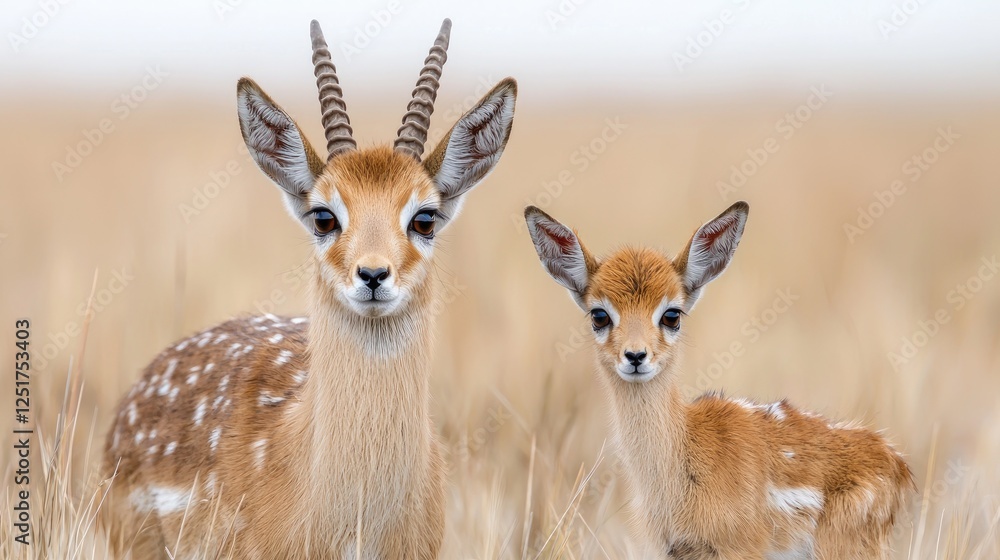 Fototapeta premium Impala mother and fawn in savanna grassland