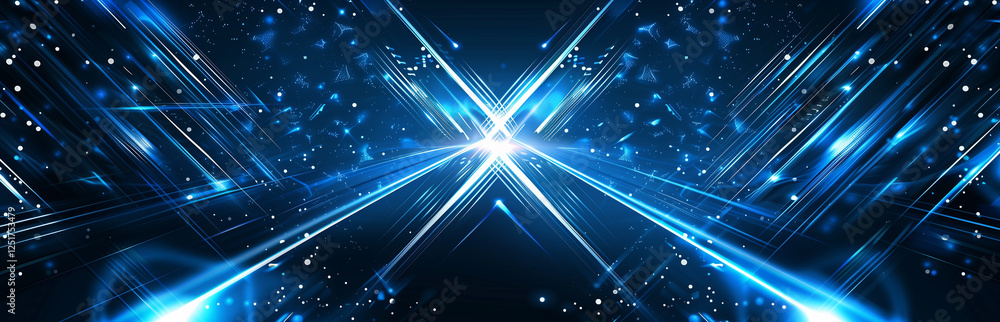 Obraz premium Abstract Blue Light Rays Crossing in Dark Space with Glowing Particles