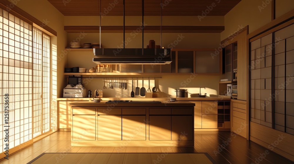 A contemporary Japanese kitchen with sleek cabinetry, a minimalist design, and a clean, uncluttered layout, incorporating traditional elements with modern functionality. A contemporary Japanese kitchen with sleek cabinetry, a minimalist design, and a clean, uncluttered layout, incorporating traditional elements with modern functionality.