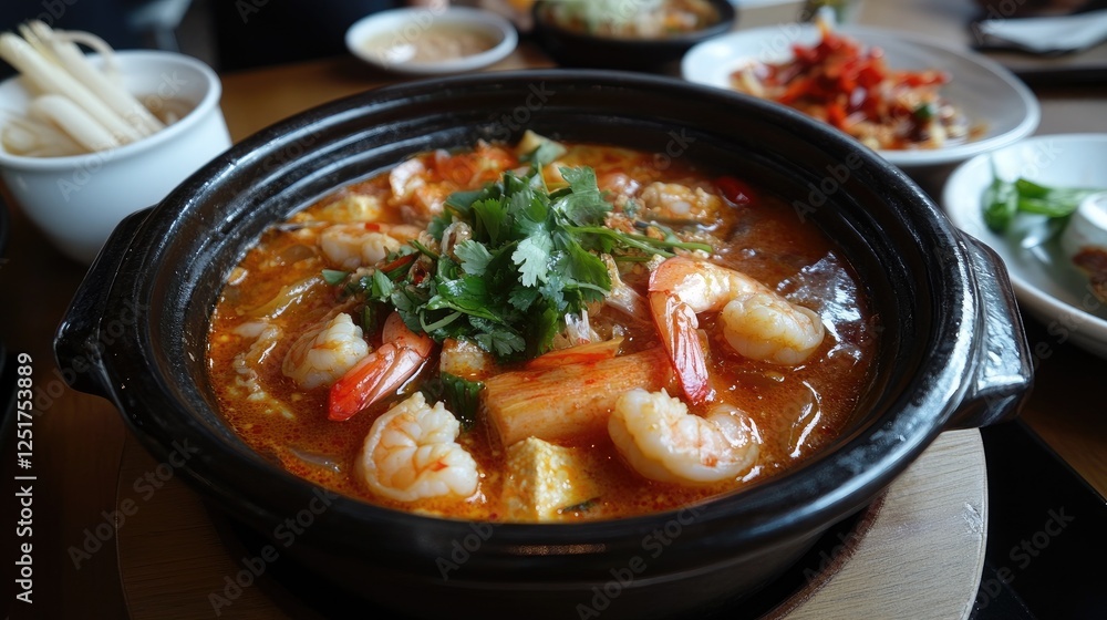 A cozy dining setup with a bowl of hot shrimp soup, alongside traditional Thai condiments like chili paste and fish sauce, creating an inviting atmosphere for enjoying authentic flavors. A cozy dining setup with a bowl of hot shrimp soup, alongside traditional Thai condiments like chili paste and fish sauce, creating an inviting atmosphere for enjoying authentic flavors.