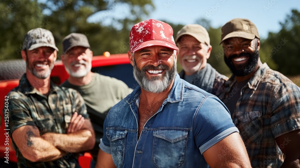 Five men stand together outdoors, wearing casual attire, smiling brightly. They are positioned in front of a red truck, with green trees in the background, enjoying their time together Five men stand together outdoors, wearing casual attire, smiling brightly. They are positioned in front of a red truck, with green trees in the background, enjoying their time together