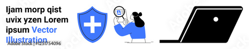 Shield with cross, person analyzing through magnifying glass, and open laptop signify security, protection, technology evaluation, and data analysis. Ideal for cyber safety, IT, risk management