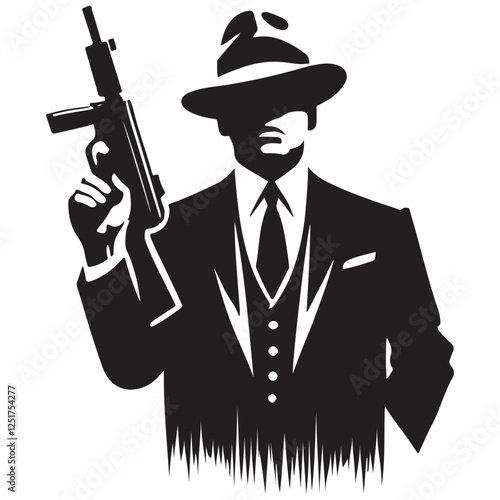 Gangster Silhouette with Tommy Gun Vector Mafia Crime Illustration