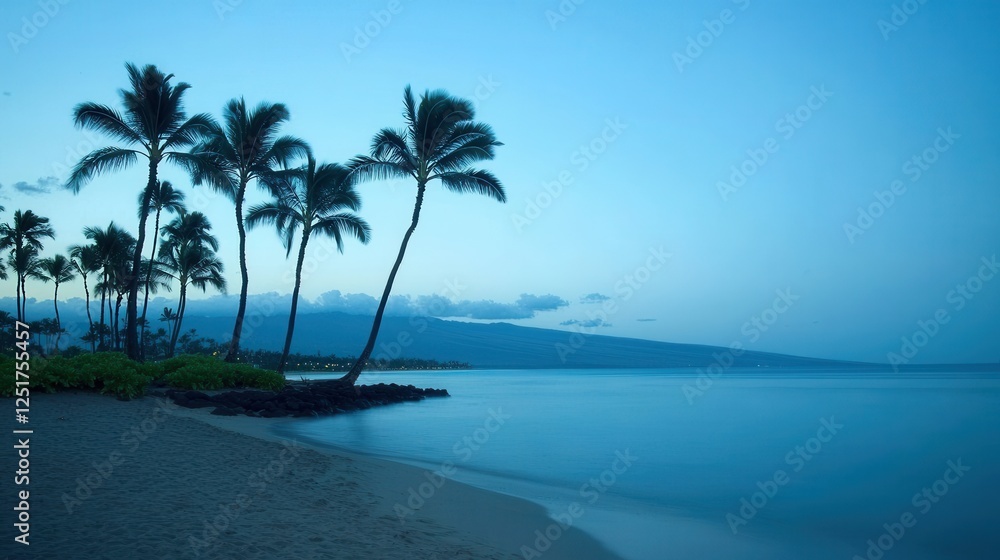 Calm evening beach scene with palm trees maui nature photography serene ocean environment tranquil viewpoint relaxation concept