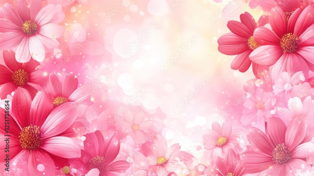 Fototapeta premium Pink floral border, bokeh background, greeting card design