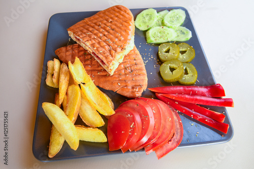 Turkish karisik atom Ayvalik tost ( kasarli bazlama tost) . Sucuklu, Kasarli, kavurmali karisik tost. Flat baked bread toasted. Karisik bazlama tost .   photo