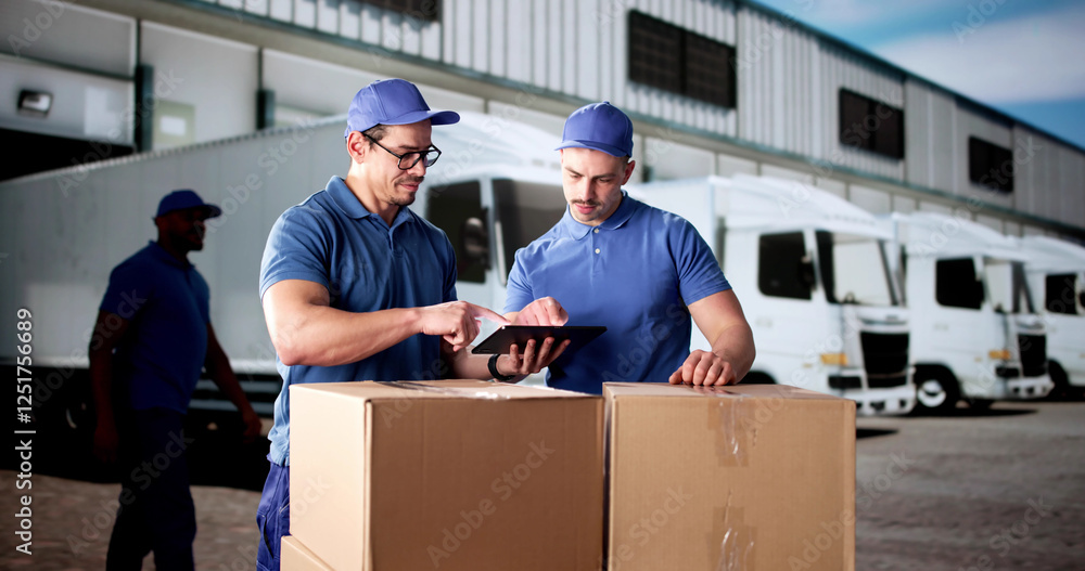 Man with tablet checks diverse cargo before dispatching to warehouse Man with tablet checks diverse cargo before dispatching to warehouse