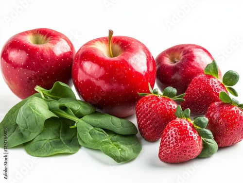 Fresh red apples and strawberries with spinach leaves arranged beautifully