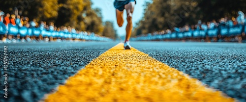 Runner crossing finish line, crowd cheering, city street