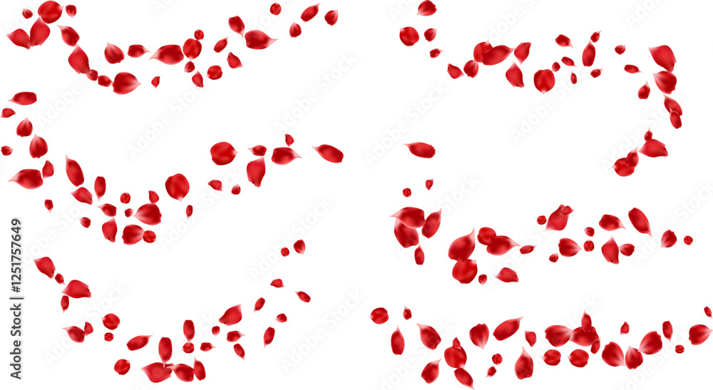 Floating red rose petals set concept for love greeting. Valentines day or mother’s day romantic design. Isolated vector illustration Floating red rose petals set concept for love greeting. Valentines day or mother’s day romantic design. Isolated vector illustration