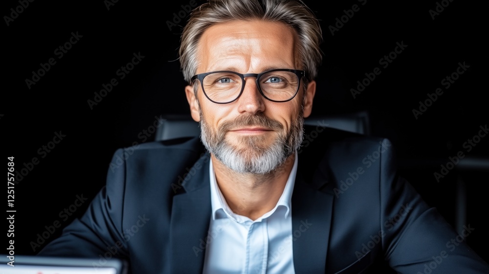 man with silver hair and glasses sits in a modern office, exuding confidence and professionalism. He wears a dark suit and light shirt, ready for a business discussion man with silver hair and glasses sits in a modern office, exuding confidence and professionalism. He wears a dark suit and light shirt, ready for a business discussion