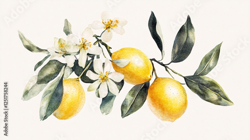 An elegant watercolor illustration depicting a lemon branch with ripe fruit and delicate flowers.