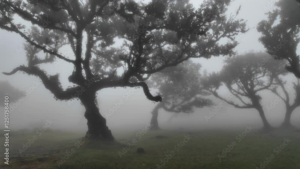 Scenic foggy view in Fanal forest in Madeira island, Portugal.